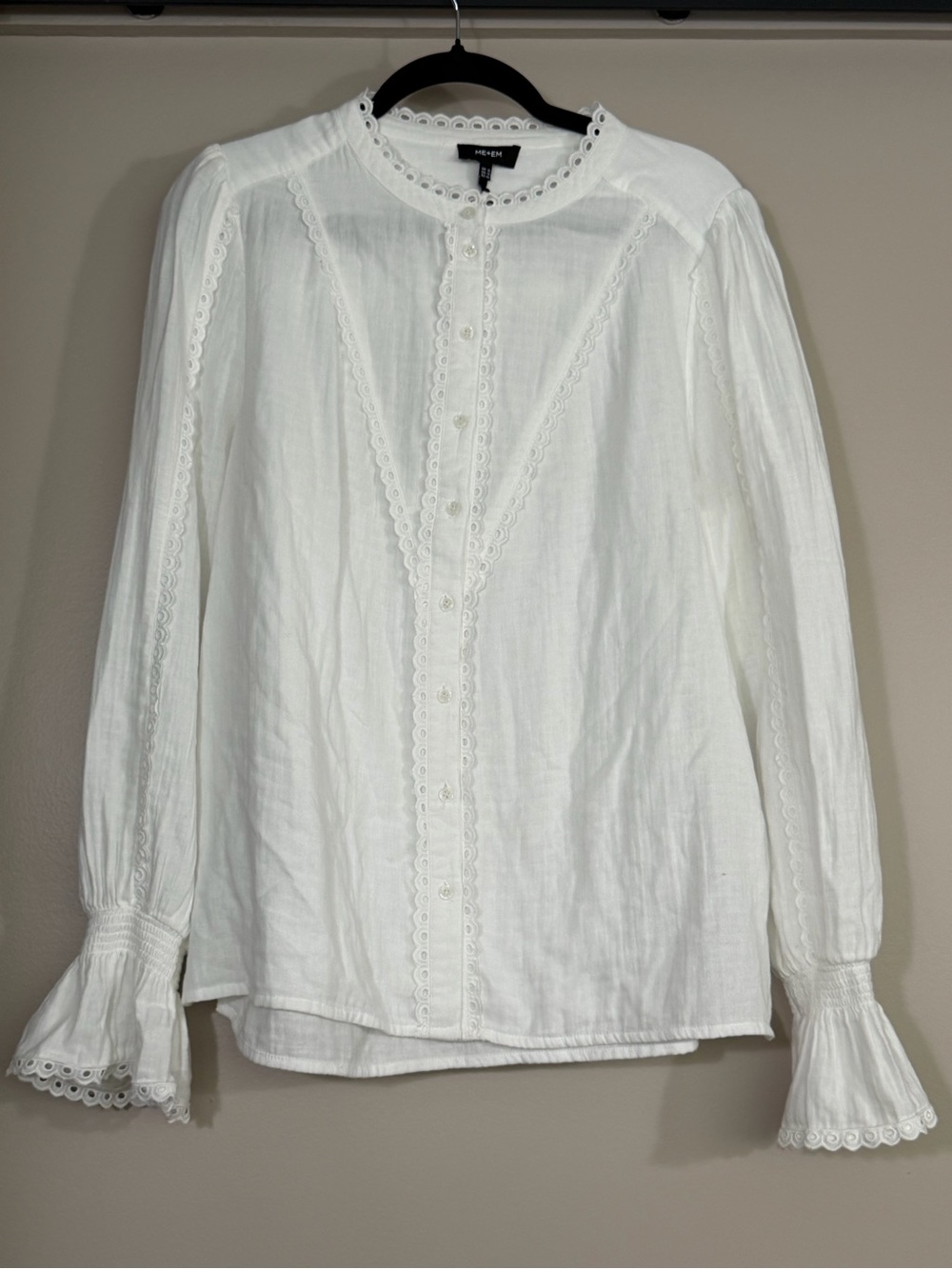 ME + EM White Lace-Trim Button Front Blouse, sz 12 us